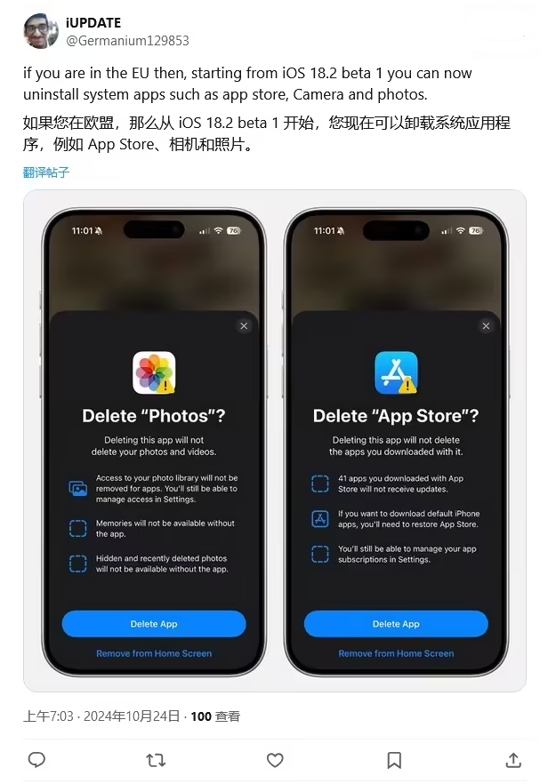 金阳苹果手机维修分享iOS 18.2 支持删除 App Store 应用商店 